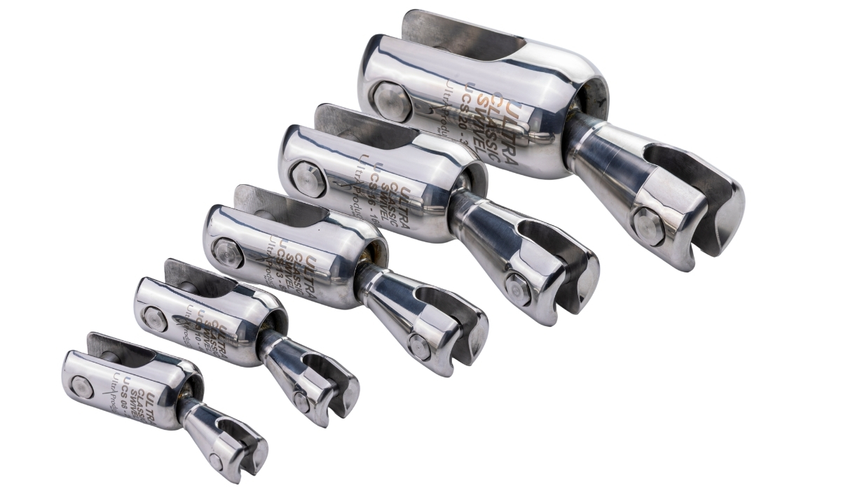 Differents sizes of the ULTRA classic swivel for anchor chain rotation and twist prevention stainless steel
